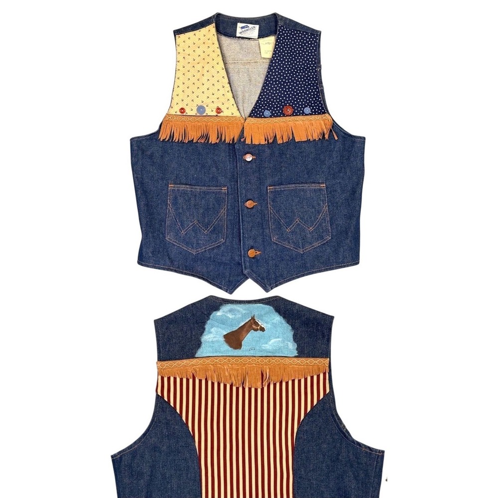 Vintage 70s Wrangler No Fault Denim Vest Womens L Western Cowboy Handmade USA
